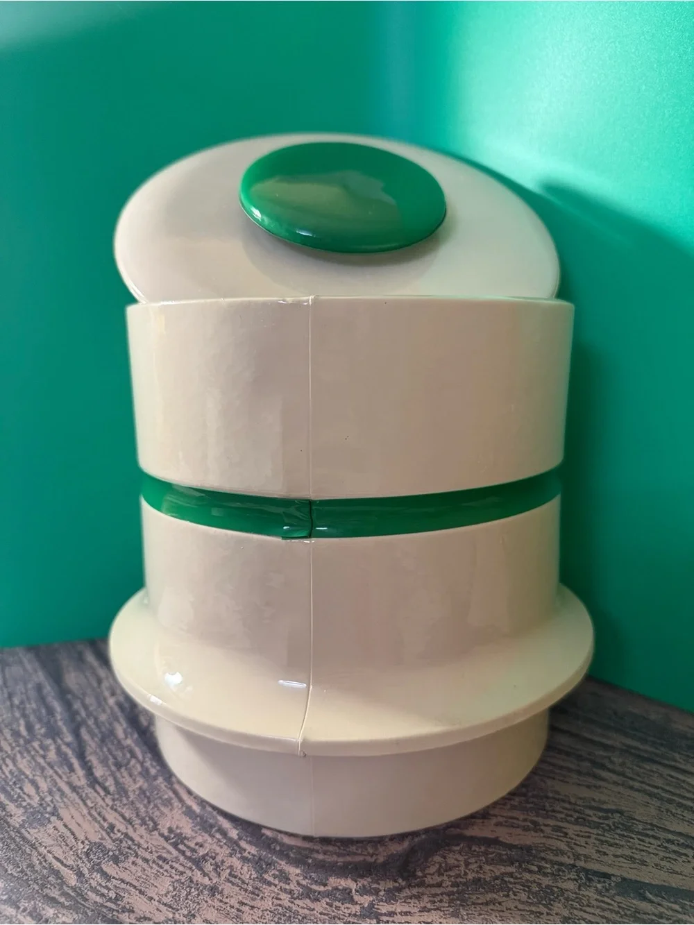 Vintage Retro Cream & Green Vinyl Ice Bucket MCM Barware - read